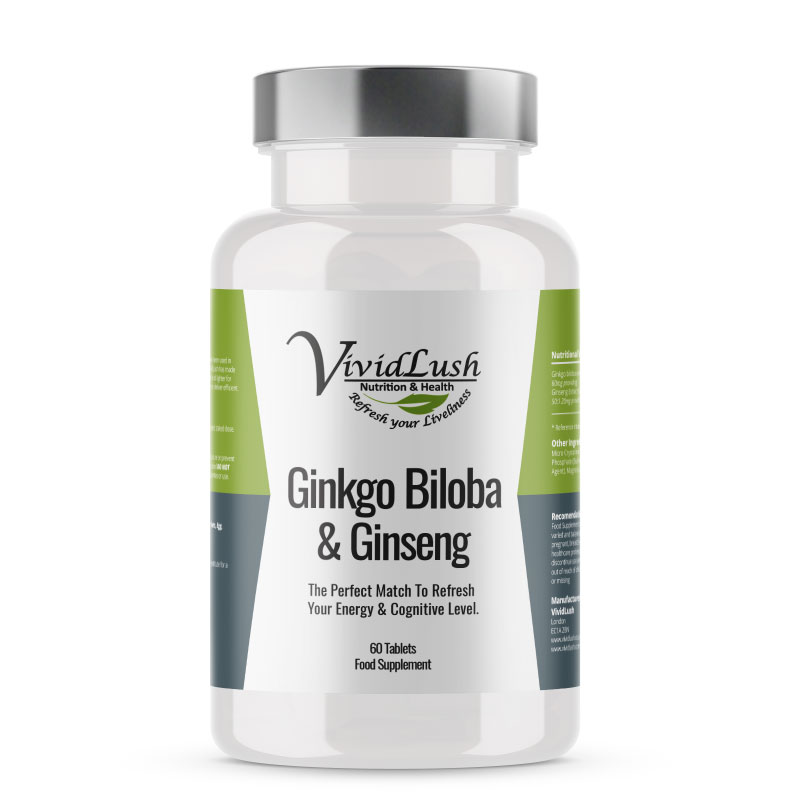 Ginkgo Biloba and Ginseng Supplement -VividLush 60 2 in 1 herbal tablets